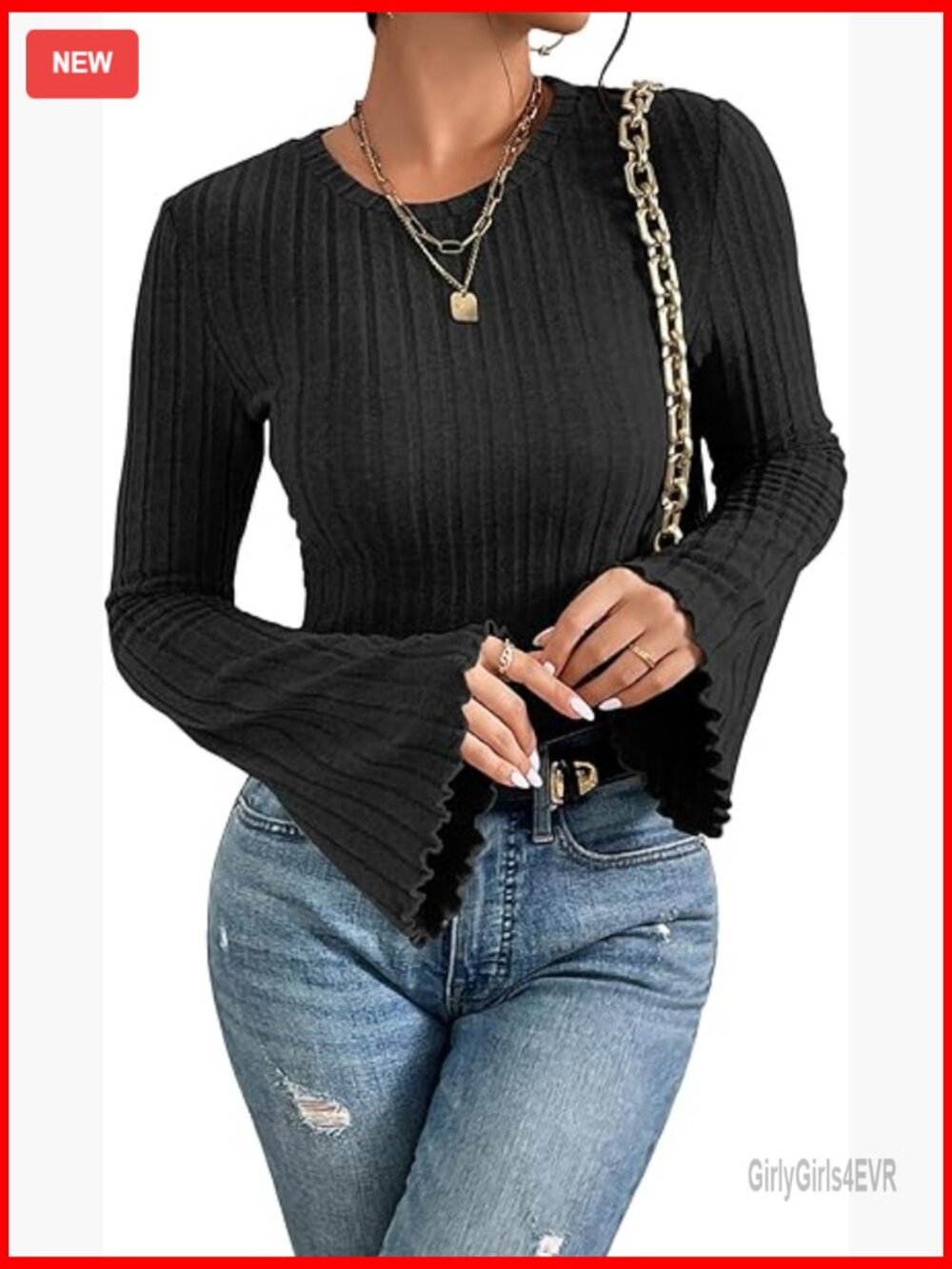 Long Bell Sleeve T-Shirt Top Pullover Lightweight Knit Crewneck - Picture 1 of 7
